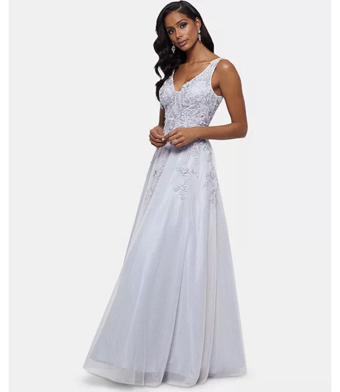 Size 4 Prom Sheer Silver Ball Gown on Queenly