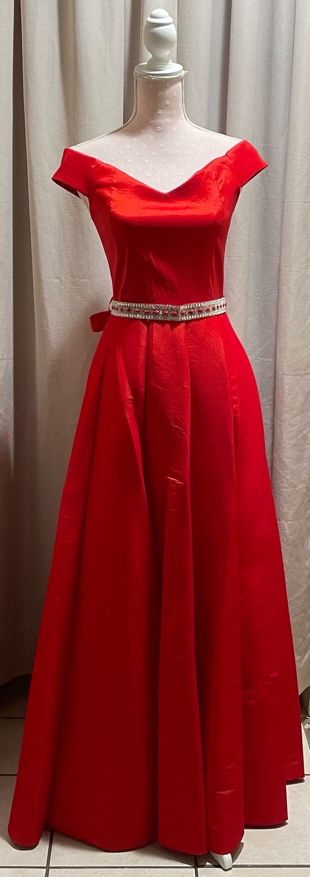 Plus Size 16 Bridesmaid Off The Shoulder Sequined Red Ball Gown on Queenly