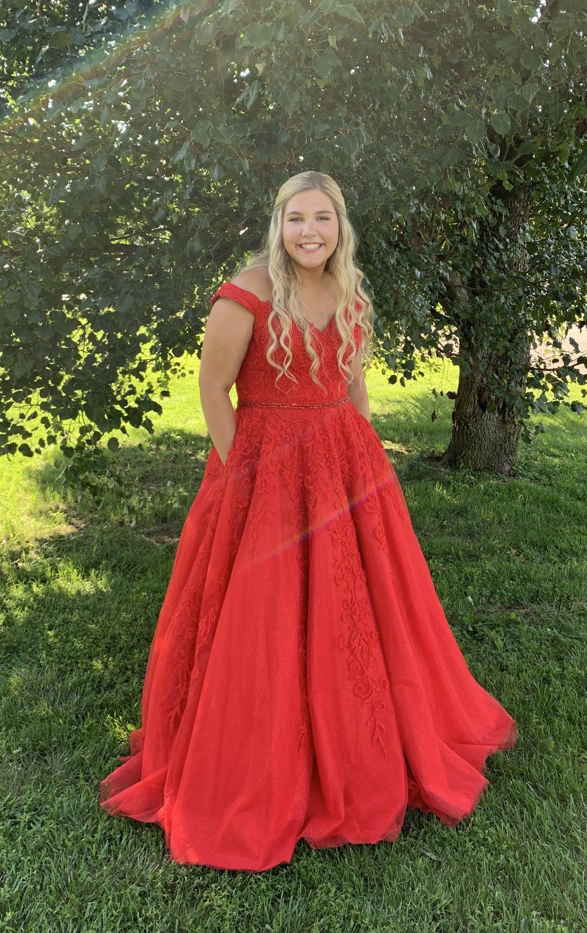 Ellie Wilde Plus Size 16 Prom Lace Red Ball Gown on Queenly