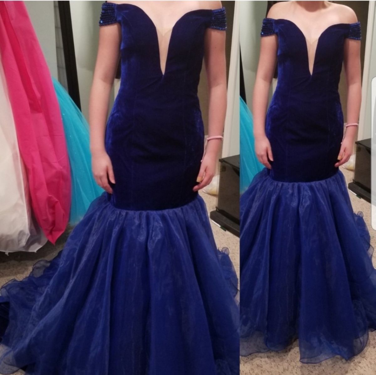 Custom Size 2 Off The Shoulder Velvet Navy Blue Mermaid Dress on Queenly