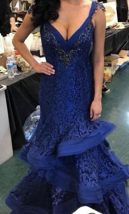 Mac Duggal Size 6 Pageant Lace Blue Mermaid Dress on Queenly