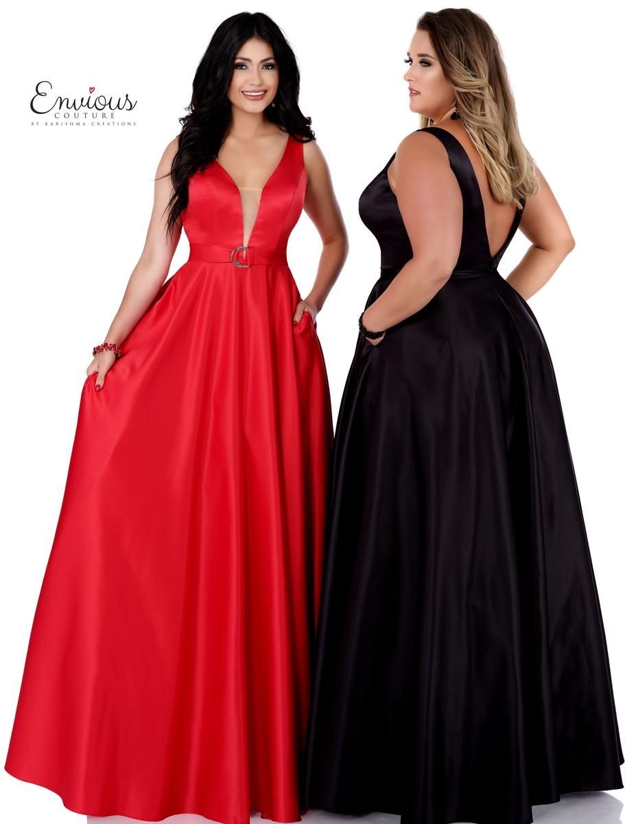 Style E1760 Envious Couture Plus Size 30 Prom Satin Black Ball Gown on Queenly