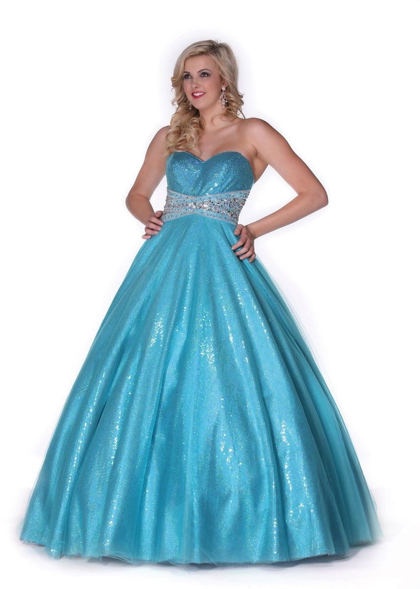 Style 2125 Envious Couture Plus Size 18 Pageant Strapless Sequined Turquoise Blue Ball Gown on Queenly