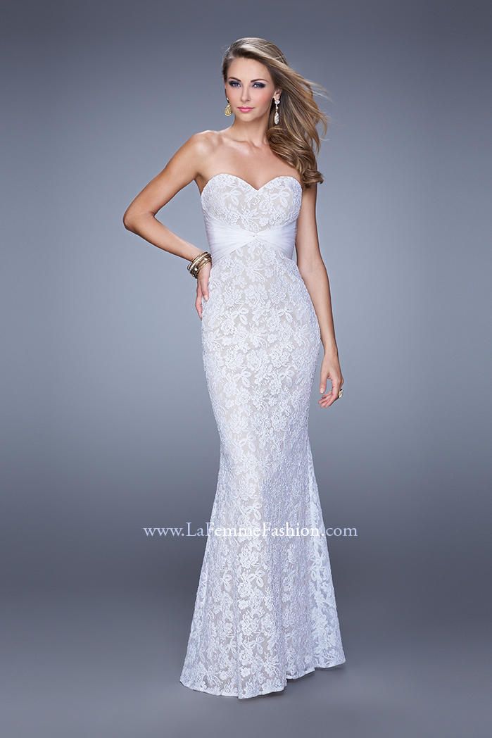 Style 20440 La Femme Size 6 Lace White Floor Length Maxi on Queenly