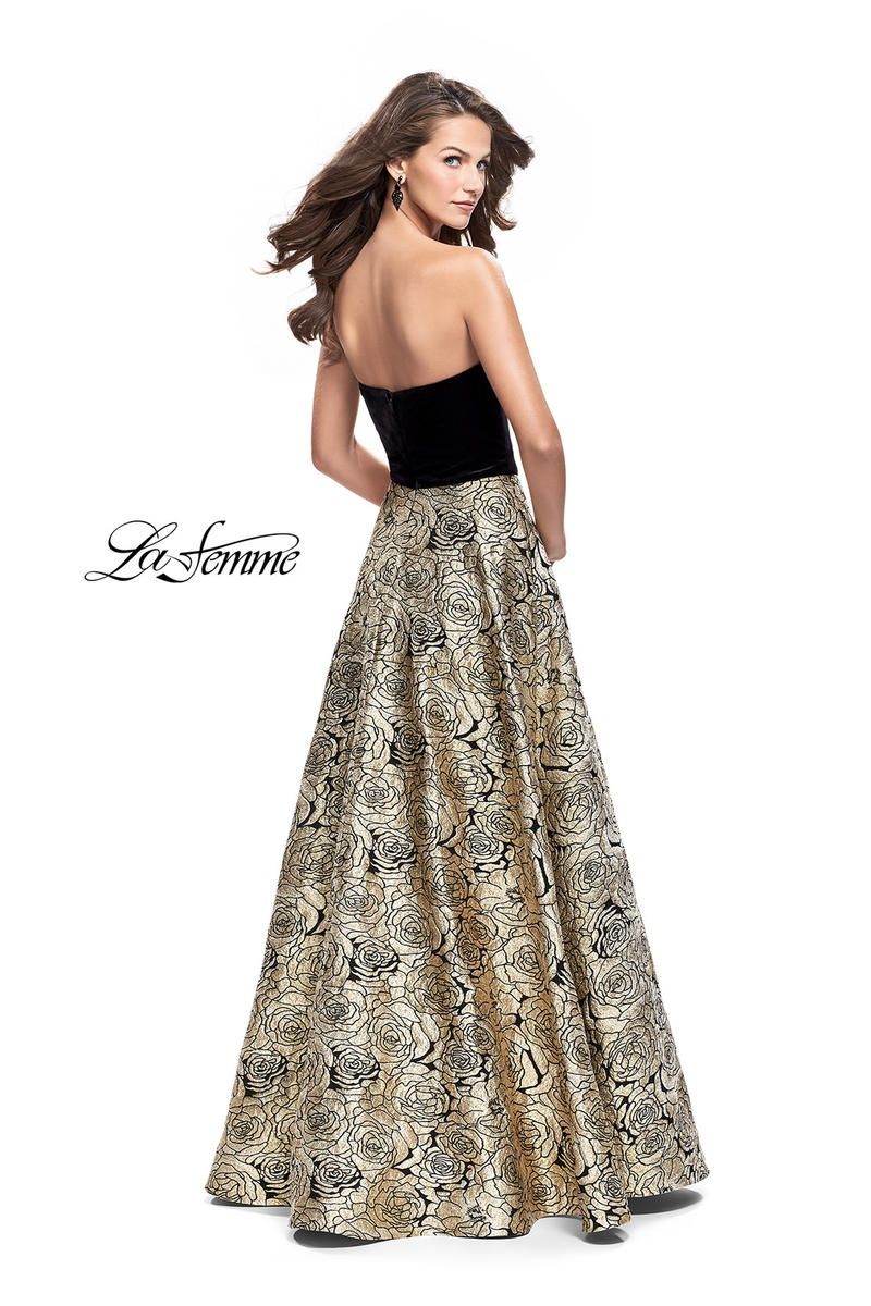 Style 25581 La Femme Size 10 Prom Strapless Floral Gold A-line Dress on Queenly