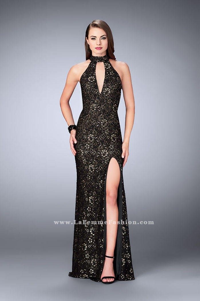 Style 24439 La Femme Size 0 Pageant Lace Black Side Slit Dress on Queenly