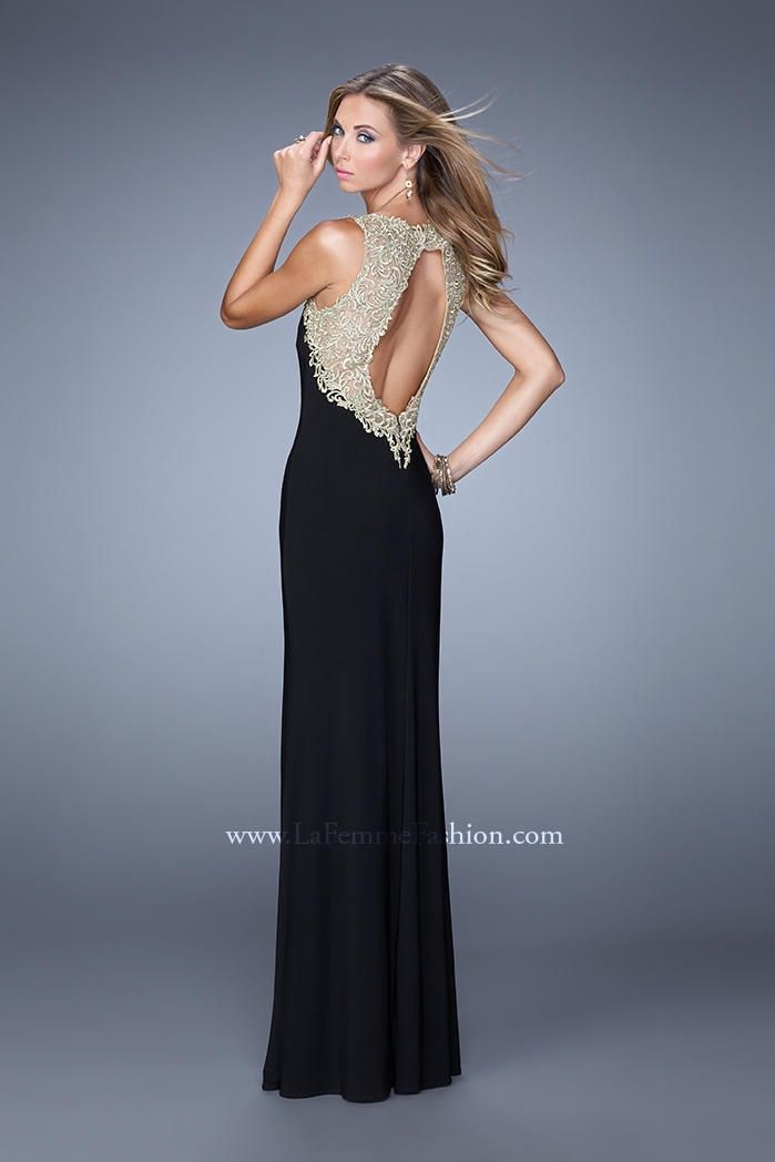 Style 20954 La Femme Size 6 Sheer Black Side Slit Dress on Queenly