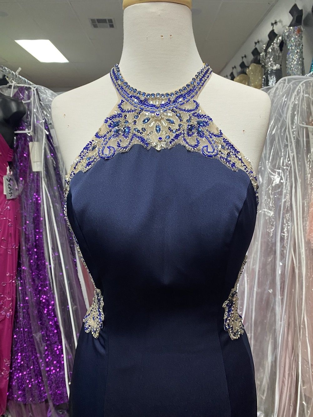 Style J742 Splash Prom Size 8 Prom Navy Blue Side Slit Dress on Queenly