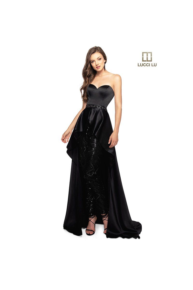 Style 28086 Lucci Lu Size 10 Prom Strapless Satin Black Formal Jumpsuit on Queenly