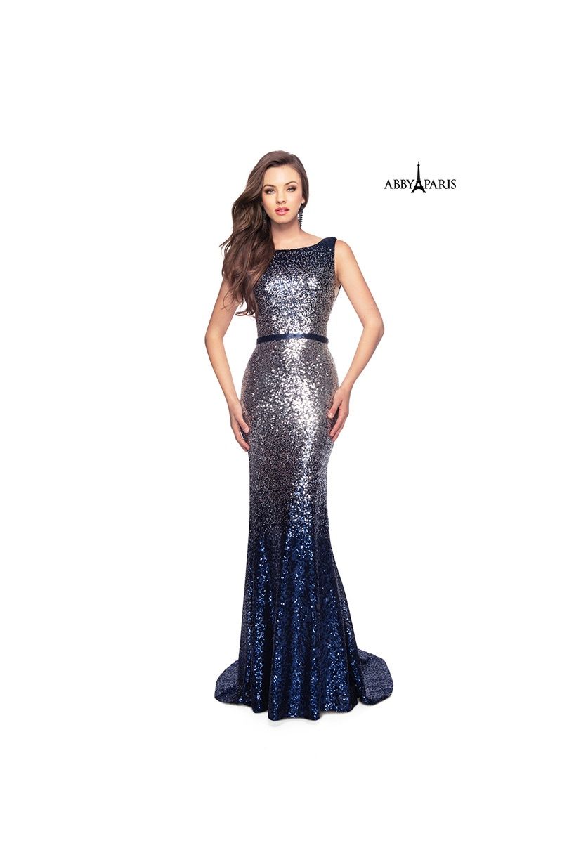 Style 981068 Lucci Lu Size 14 Sequined Navy Blue Floor Length Maxi on Queenly
