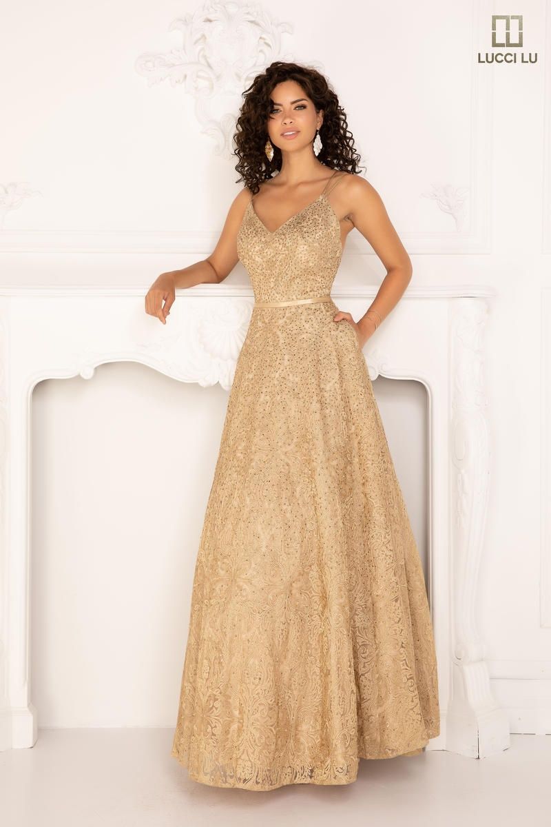 Style 1095 Lucci Lu Size 8 Bridesmaid Lace Gold A-line Dress on Queenly
