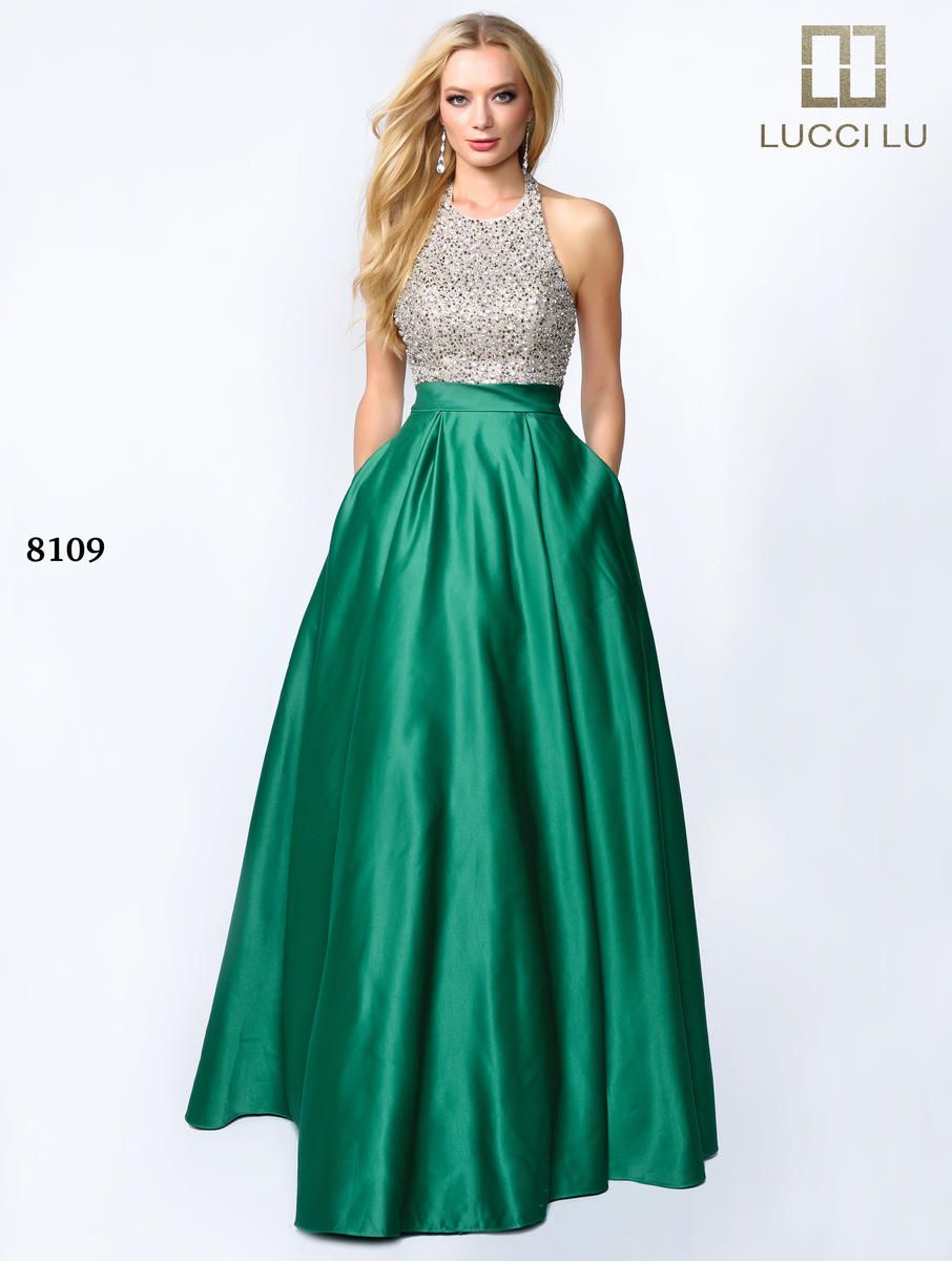 Style 8109 Lucci Lu Size 12 Satin Emerald Green Ball Gown on Queenly