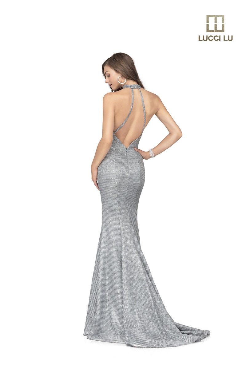 Style 28067 Lucci Lu Size 12 Sequined Silver Side Slit Dress on Queenly