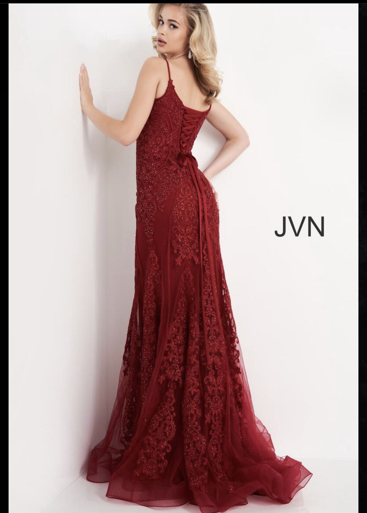 JVN Size 8 Prom Lace Burgundy Red Floor Length Maxi on Queenly