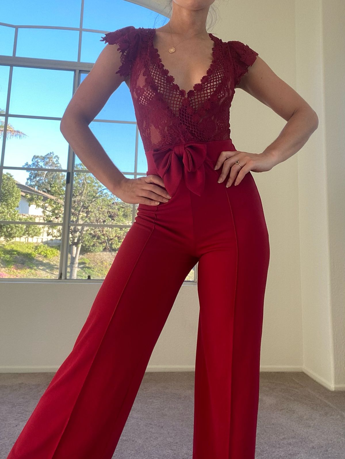 Size 2 Cap Sleeve Lace Burgundy Red Formal Jumpsuit on Queenly