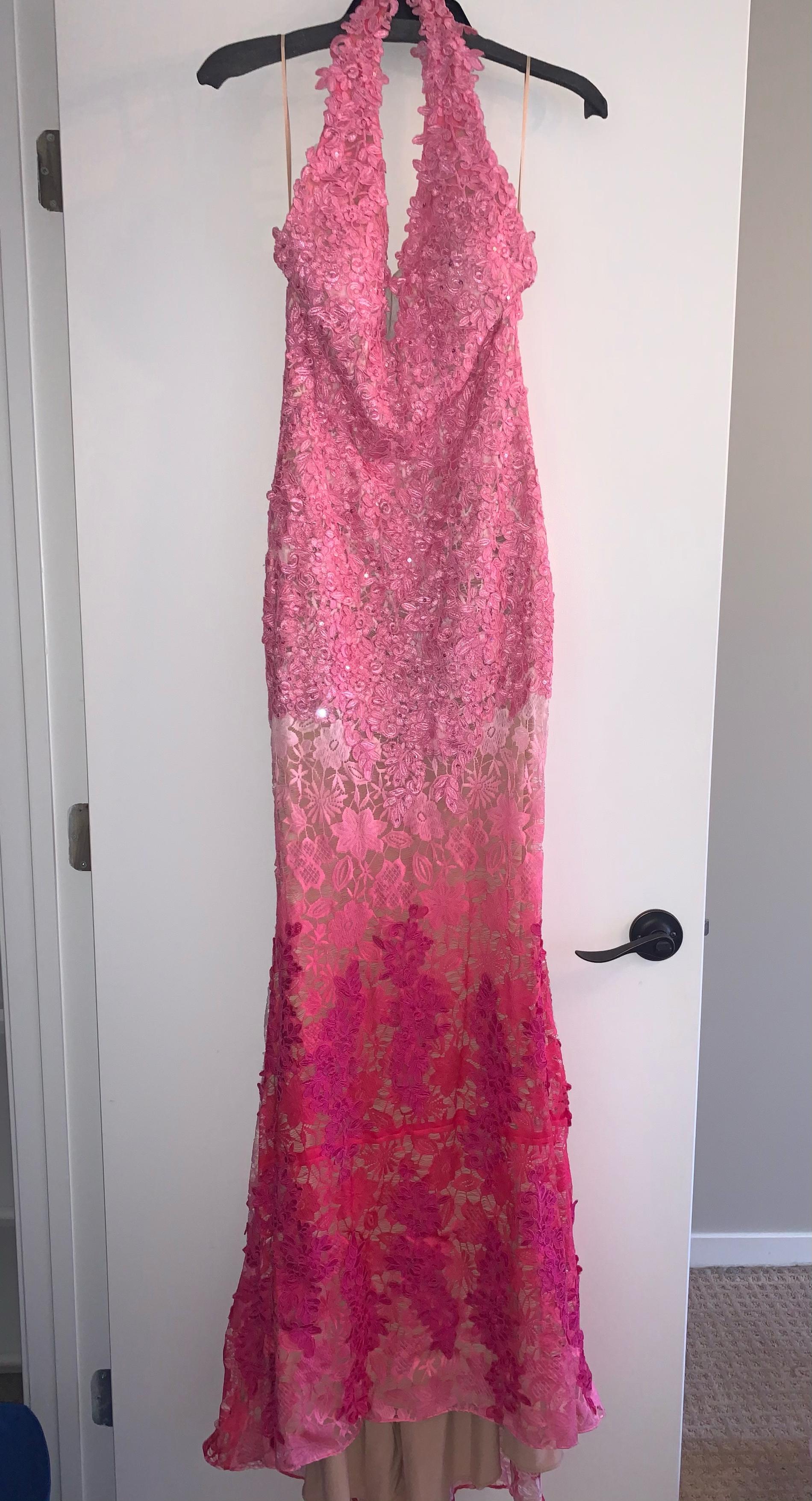 Jovani Size 6 Halter Lace Pink Mermaid Dress on Queenly