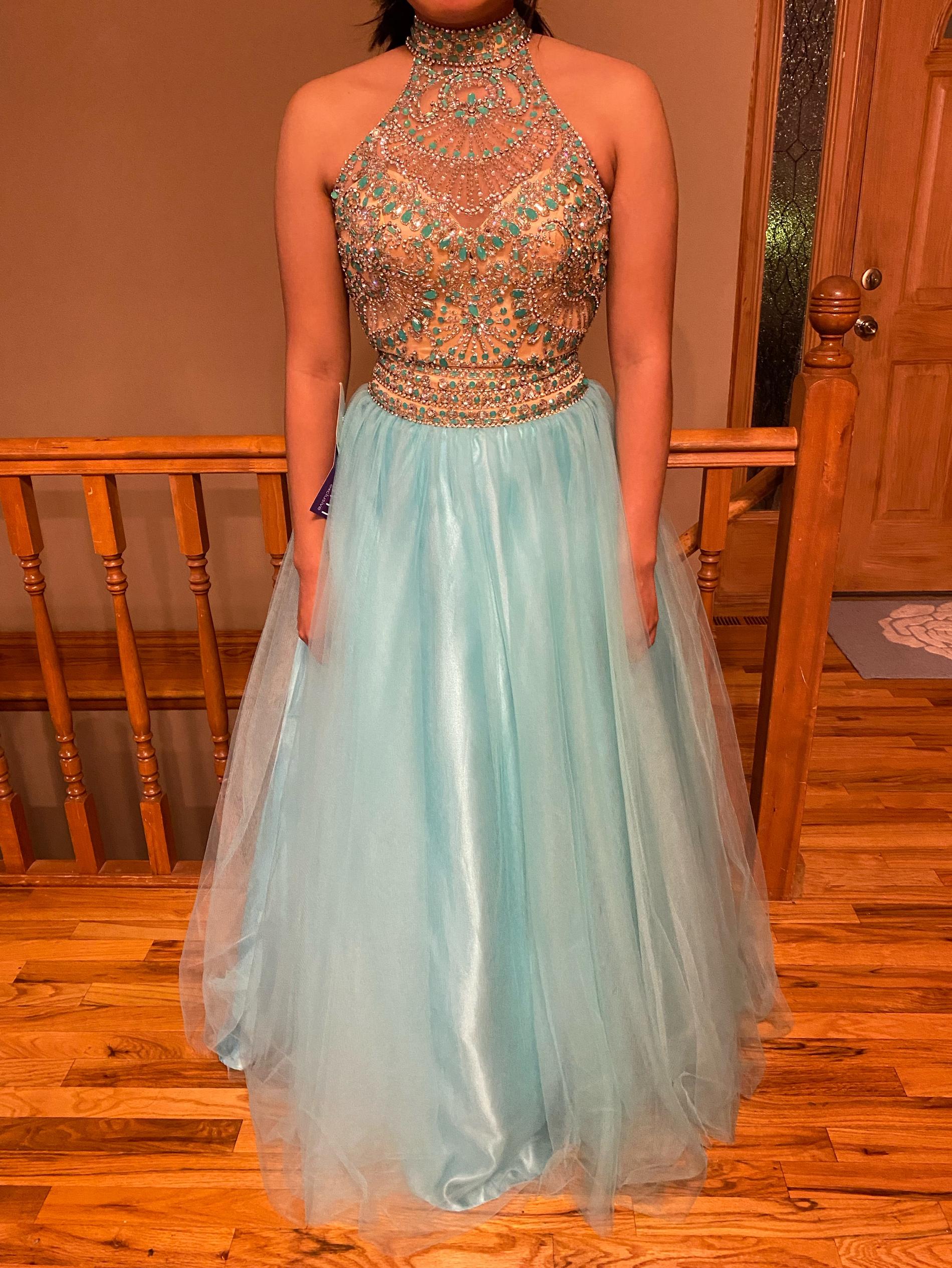 Rachel Allan Size 6 Prom High Neck Sheer Turquoise Blue Ball Gown on Queenly