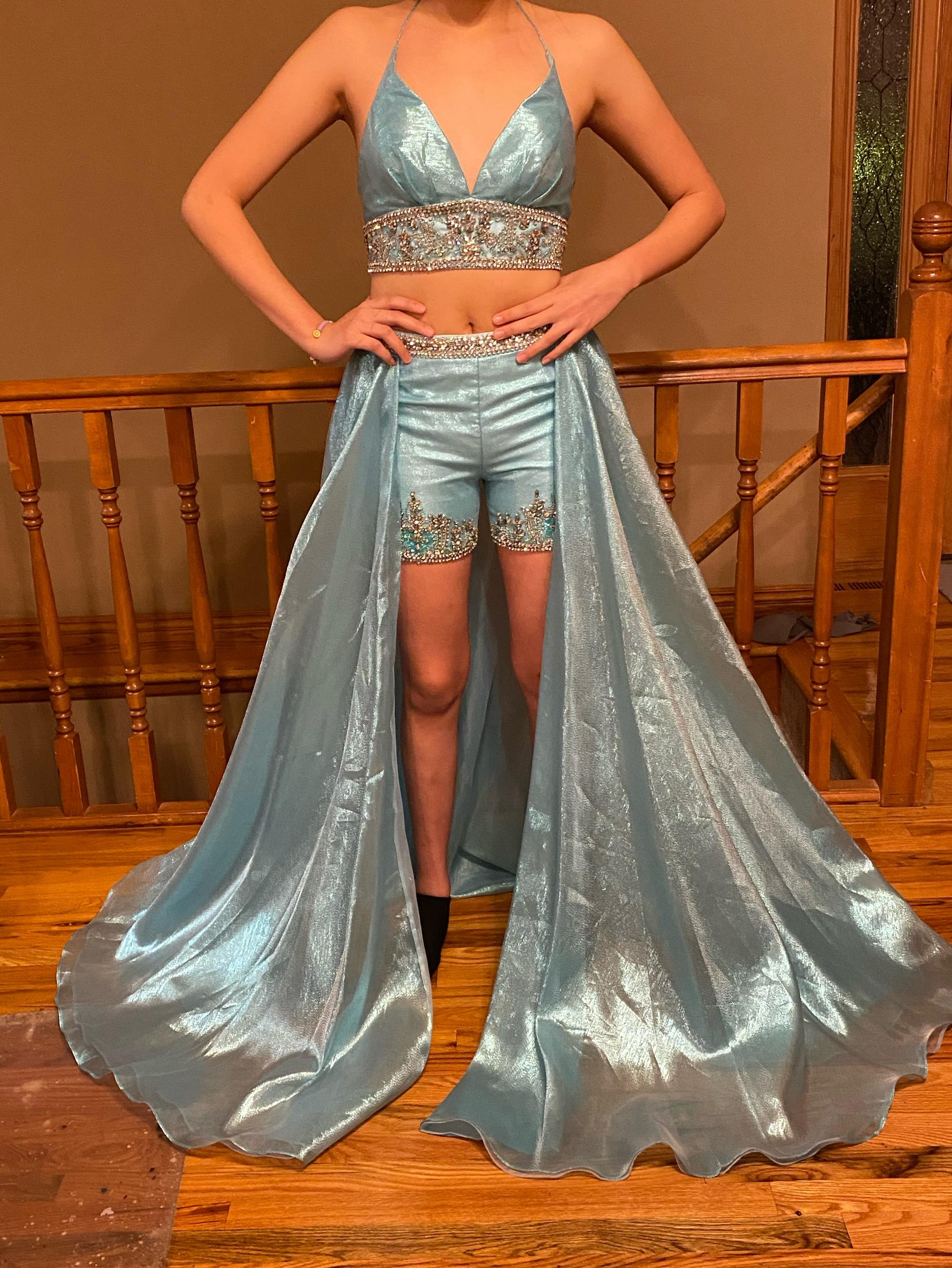 Rachel Allan Size 4 Prom Sequined Turquoise Blue Dress With Train on Queenly