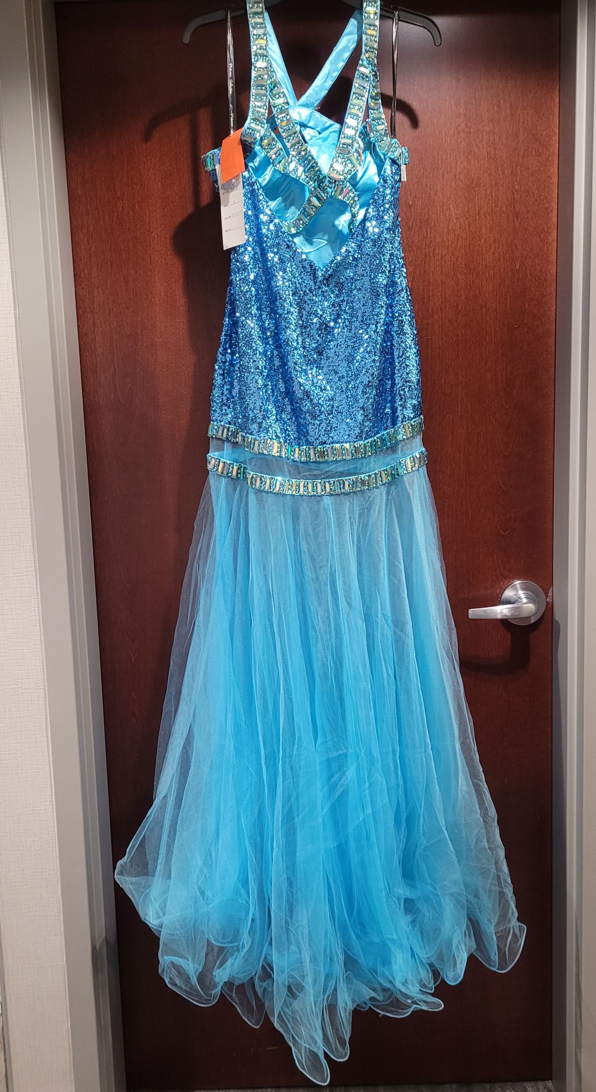 Style 2714 Partytime Formals/Rachel Allan Size 8 Prom Halter Sequined Blue Mermaid Dress on Queenly