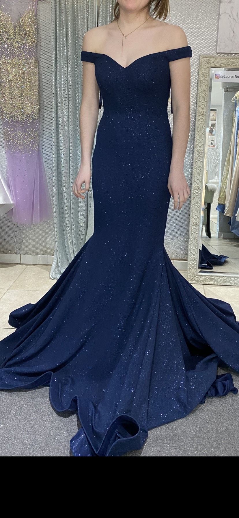 Jovani Size 0 Bridesmaid Off The Shoulder Navy Blue Mermaid Dress on Queenly