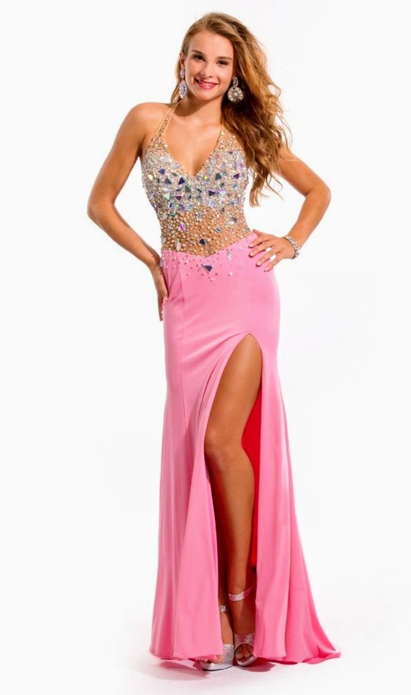 Style 6078 Partytime Formals/Rachel Allan  Size 4 Halter Multicolor Side Slit Dress on Queenly