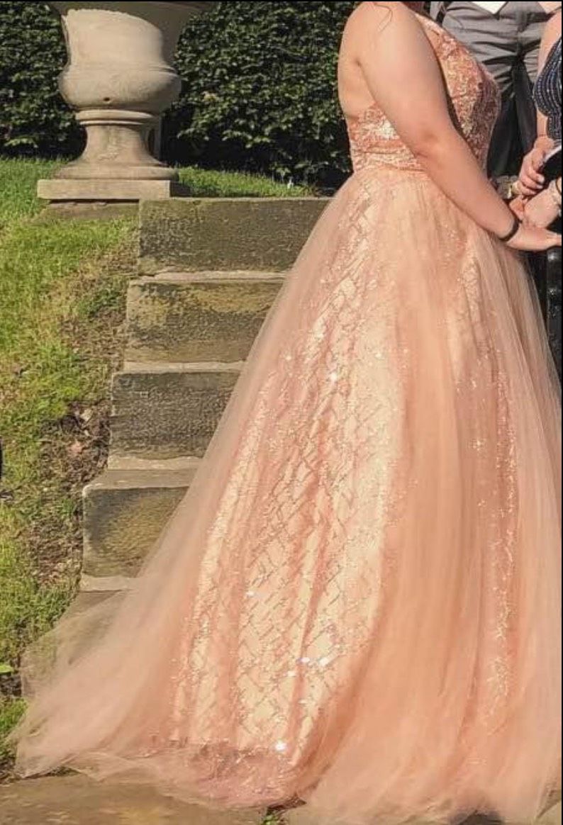 Size 10 Prom Halter Lace Rose Gold Ball Gown on Queenly