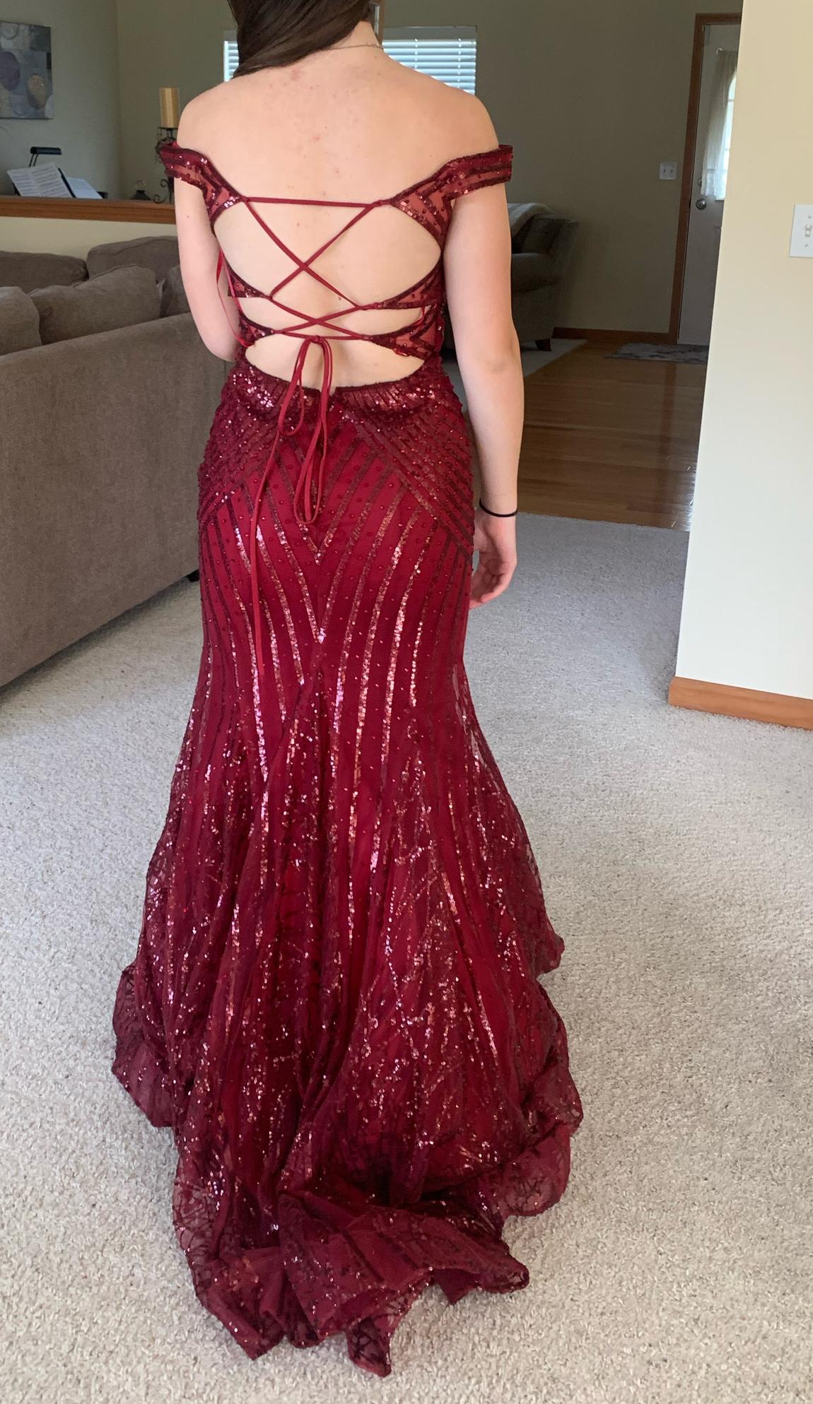 Size 4 Prom Off The Shoulder Sheer Red Mermaid Dress on Queenly