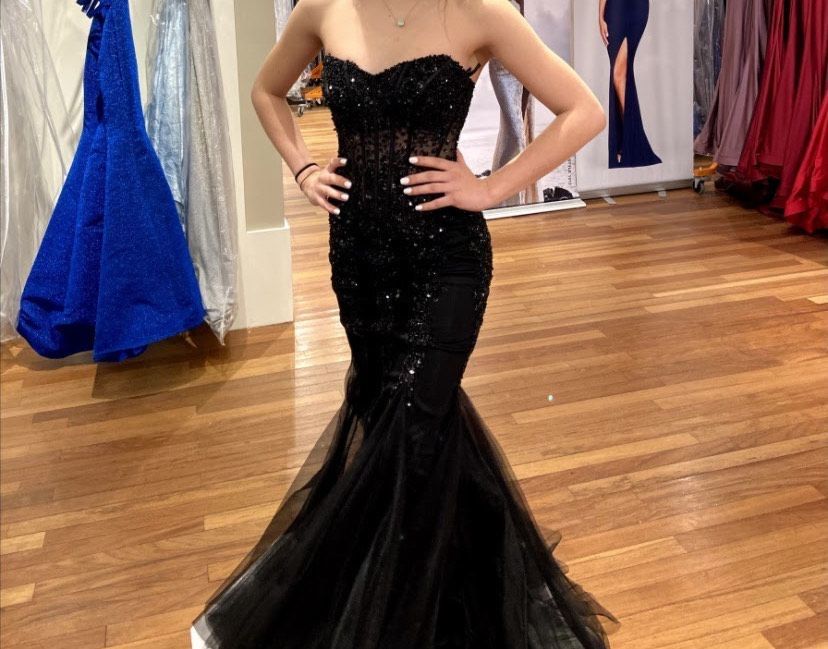 Jovani Size 00 Prom Strapless Sequined Black Mermaid Dress on Queenly