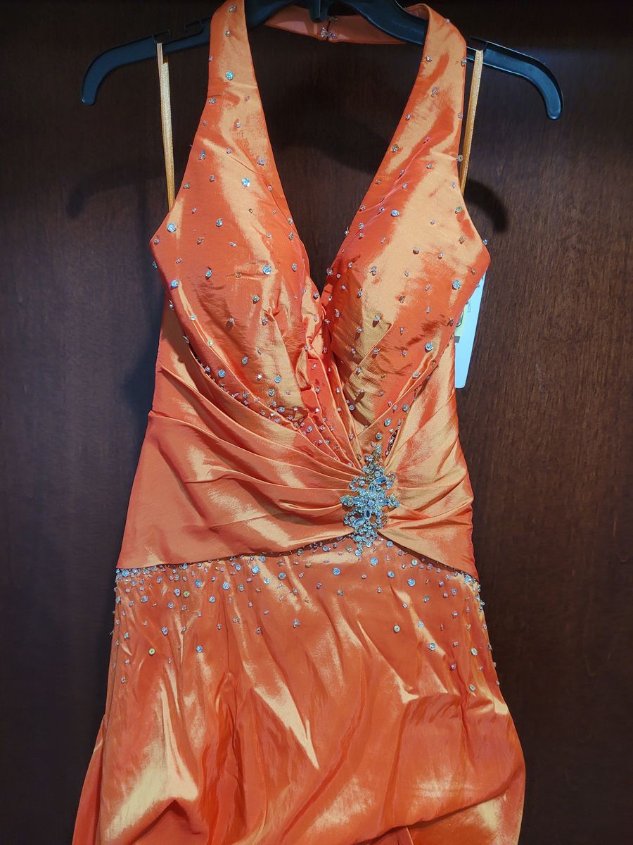 Style 3971 Mystique Prom Size 4 Prom Sequined Orange A-line Dress on Queenly