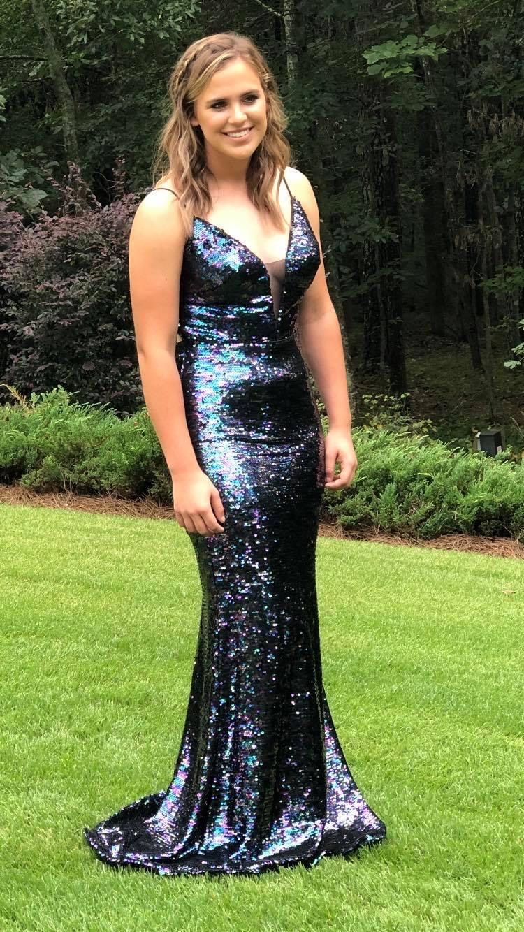 Size 8 Prom Sequined Black Ball Gown on Queenly