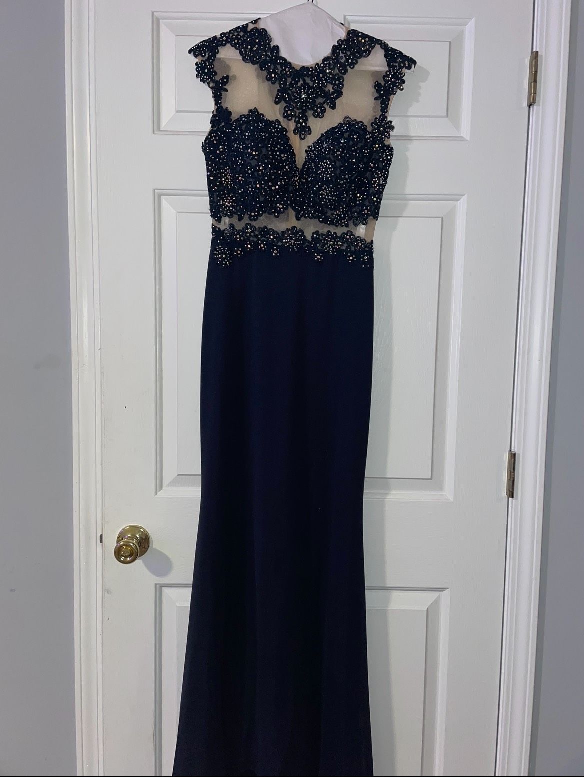 Jovani Size 2 Prom High Neck Lace Navy Blue Floor Length Maxi on Queenly