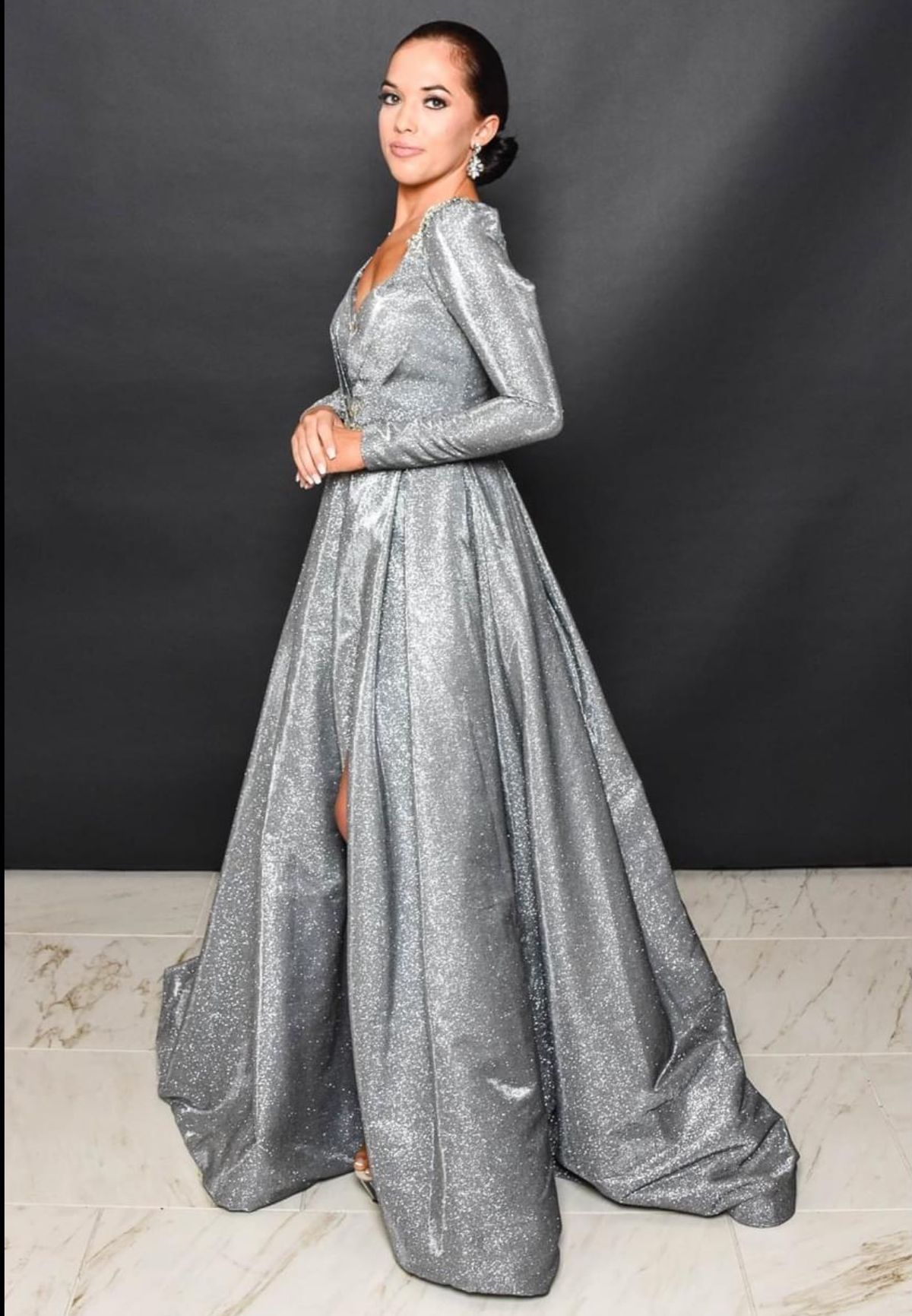 Size 0 Prom Long Sleeve Sequined Silver Ball Gown on Queenly