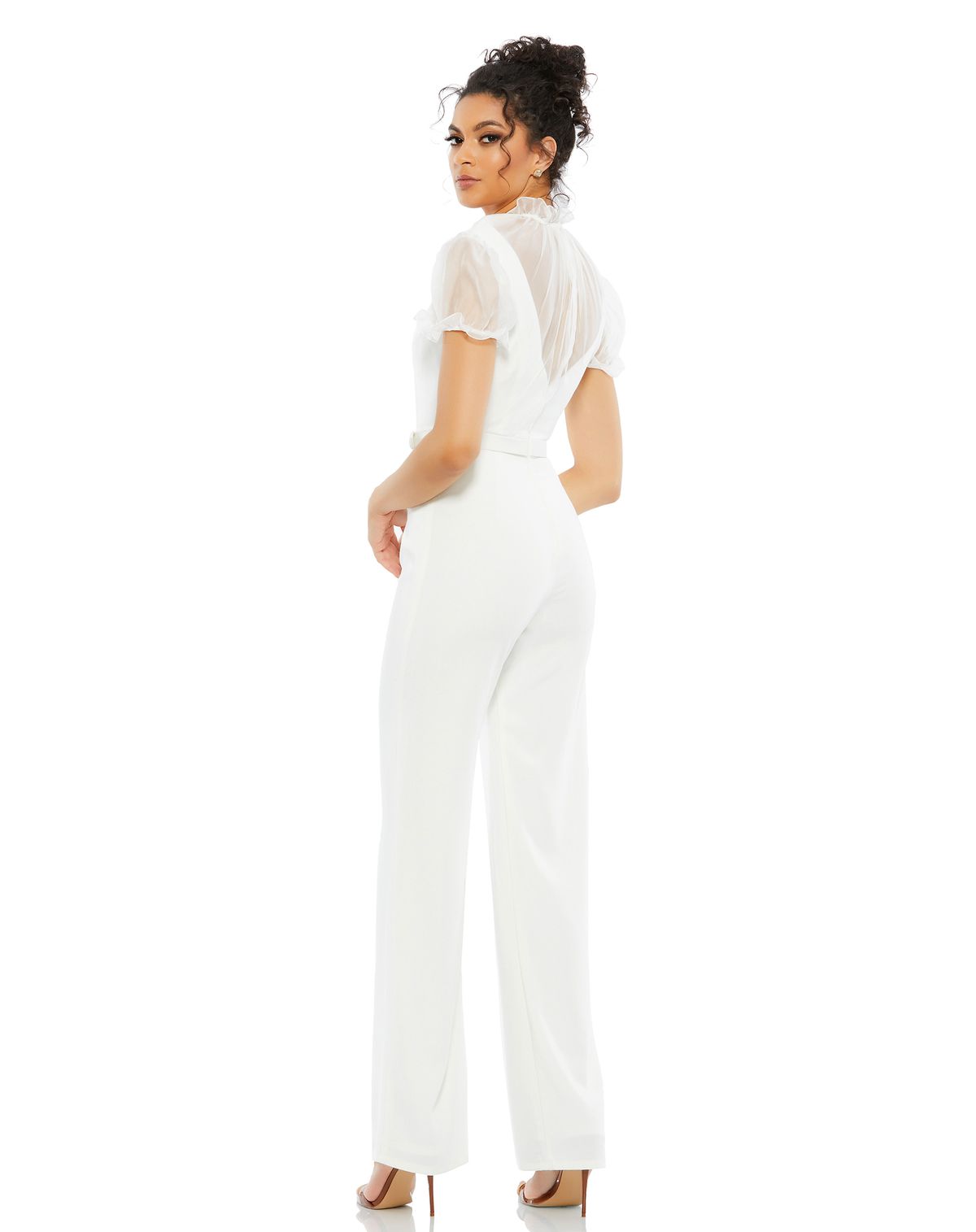 Style 26621 Mac Duggal Size 4 Wedding High Neck Sheer White Formal Jumpsuit on Queenly