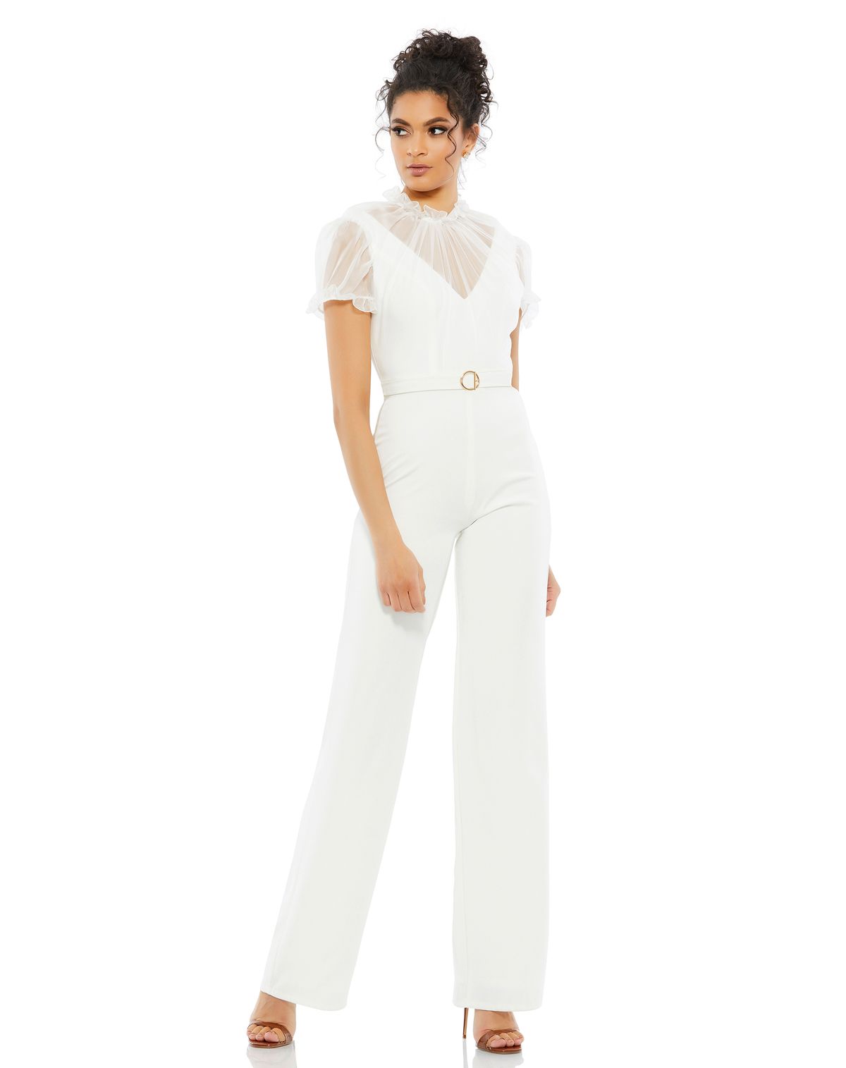 Style 26621 Mac Duggal Size 4 High Neck Sheer White Formal Jumpsuit on Queenly