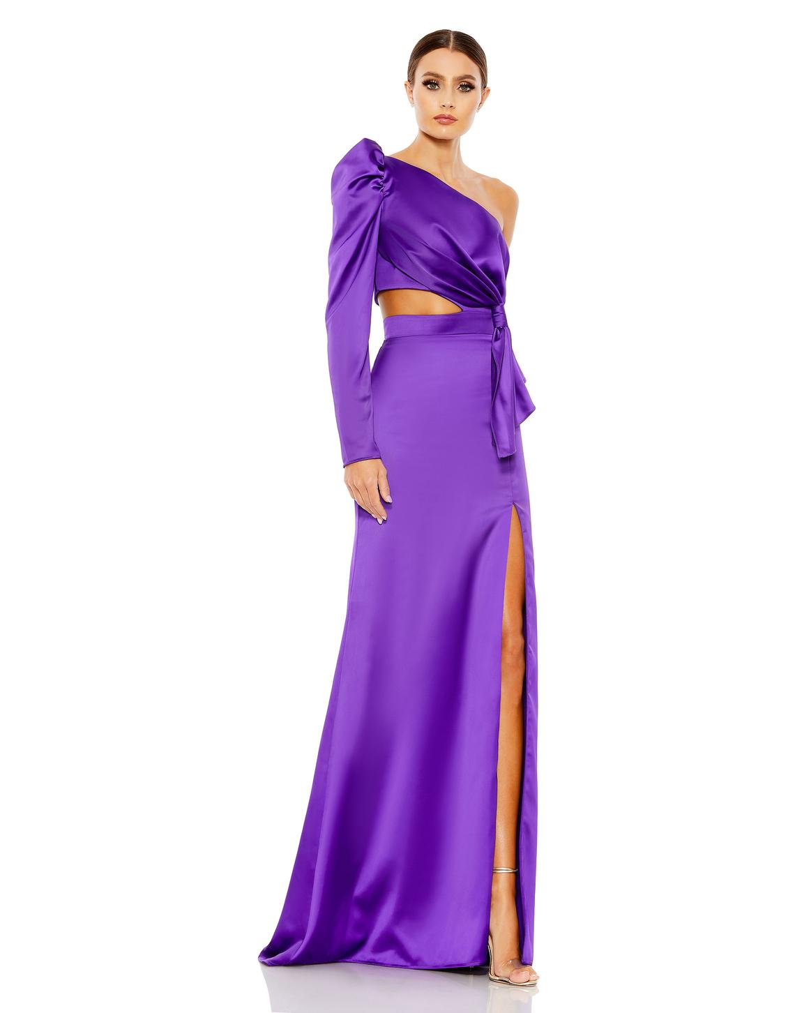Style 49570 Mac Duggal Size 2 One Shoulder Satin Purple Side Slit Dress on Queenly