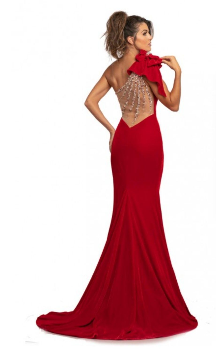 Johnathan Kayne Size 6 Prom One Shoulder Velvet Red Dress With Train on Queenly