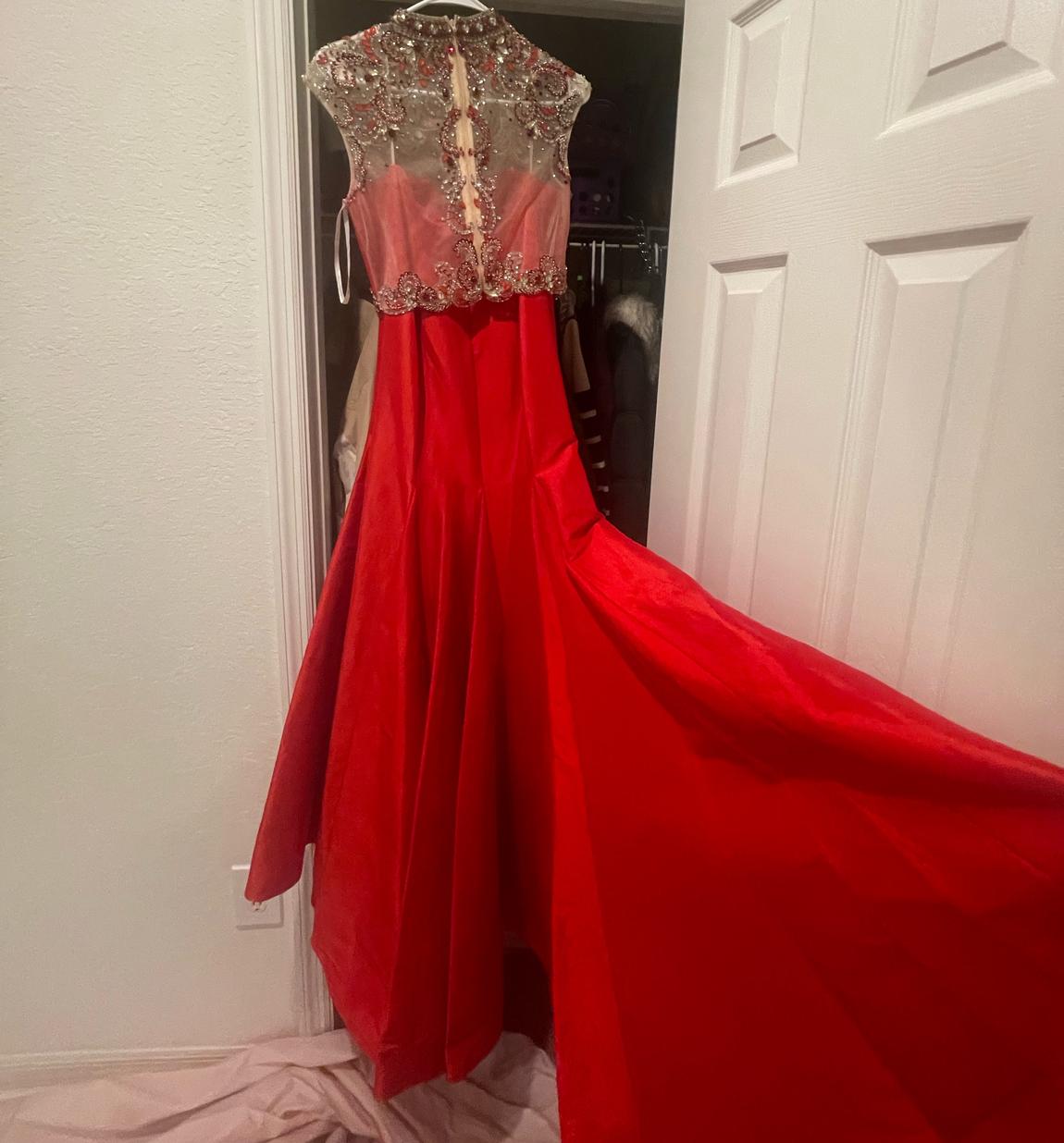 Alyce Paris Size 4 Prom High Neck Sheer Red Mermaid Dress on Queenly