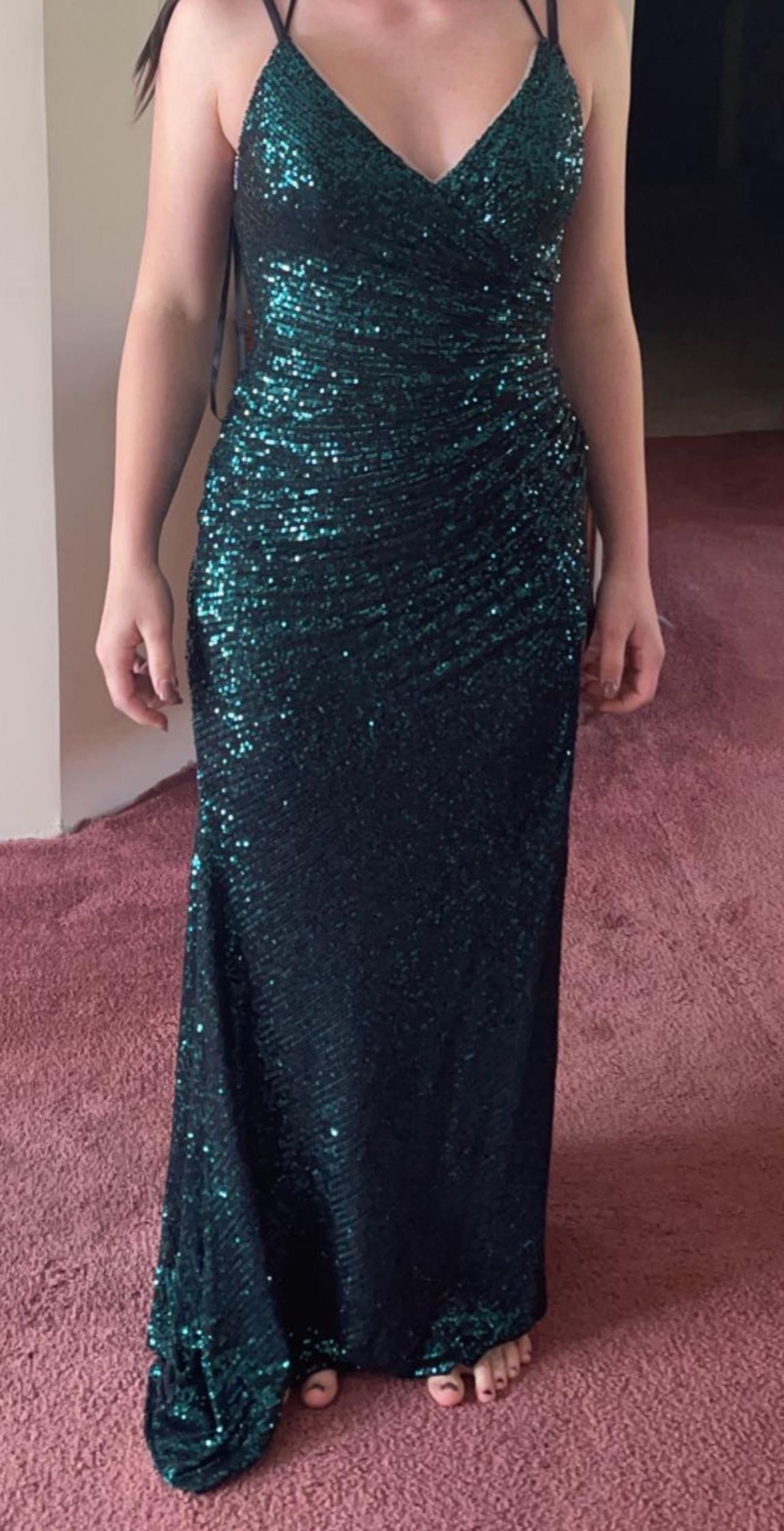Size 2 Prom Sequined Emerald Green Floor Length Maxi on Queenly