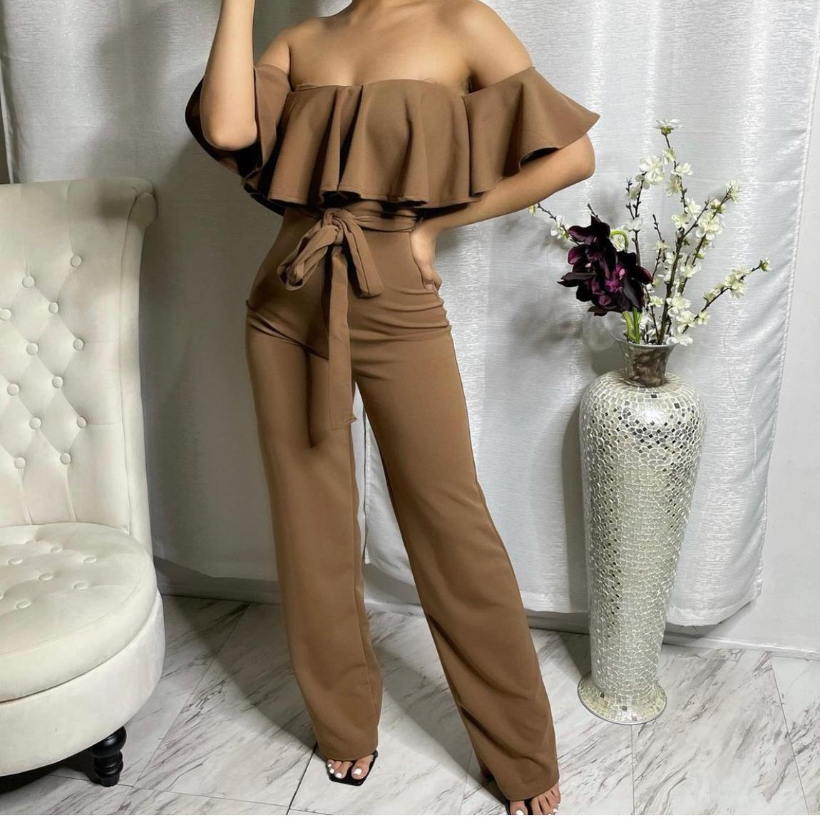Hot LA Fashion Size 8 Off The Shoulder Nude Formal Jumpsuit on Queenly