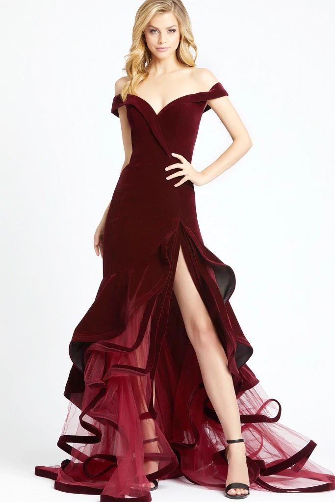 Mac Duggal Size 6 Prom Off The Shoulder Velvet Burgundy Red Mermaid Dress on Queenly