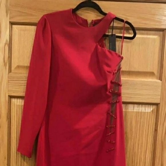 Versace Size 8 Long Sleeve Red A-line Dress on Queenly