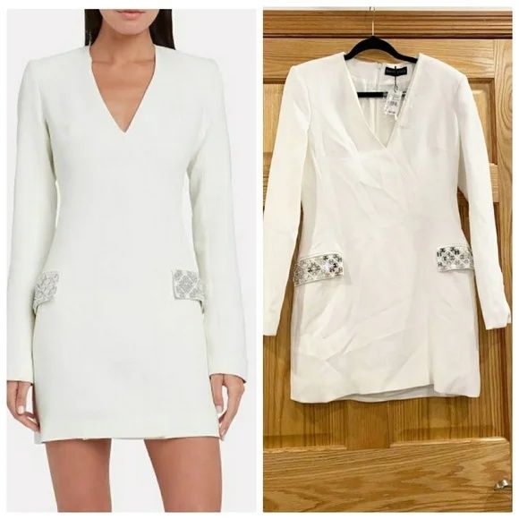 David Koma Size 8 Long Sleeve Sequined White Cocktail Dress on Queenly