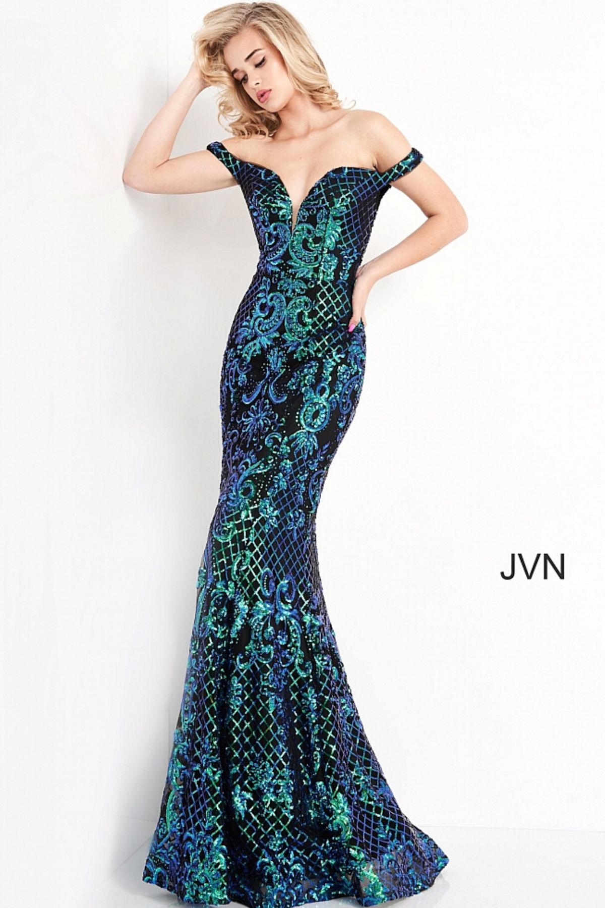 Style JVN04515 Jovani Size 8 Prom Sequined Black Mermaid Dress on Queenly