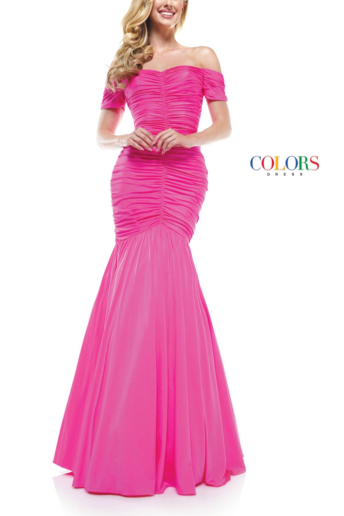 Style 2227 Colors Size 8 Bridesmaid Off The Shoulder Hot Pink Mermaid Dress on Queenly