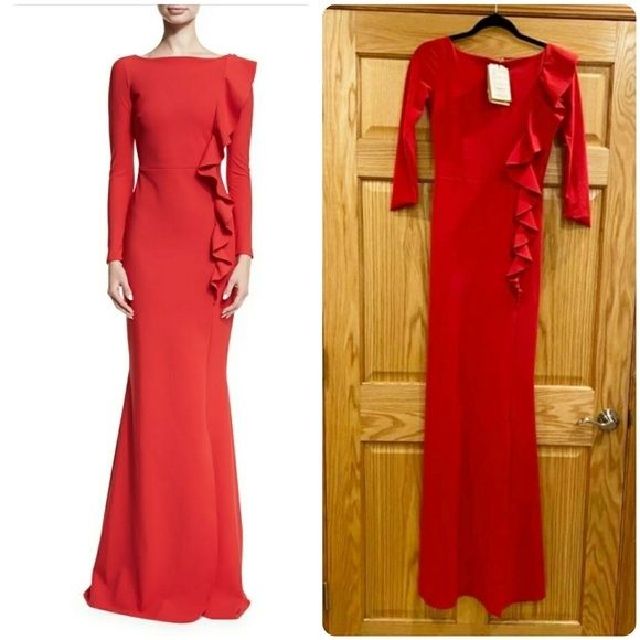Chiara Boni Size 4 Long Sleeve Red Side Slit Dress on Queenly