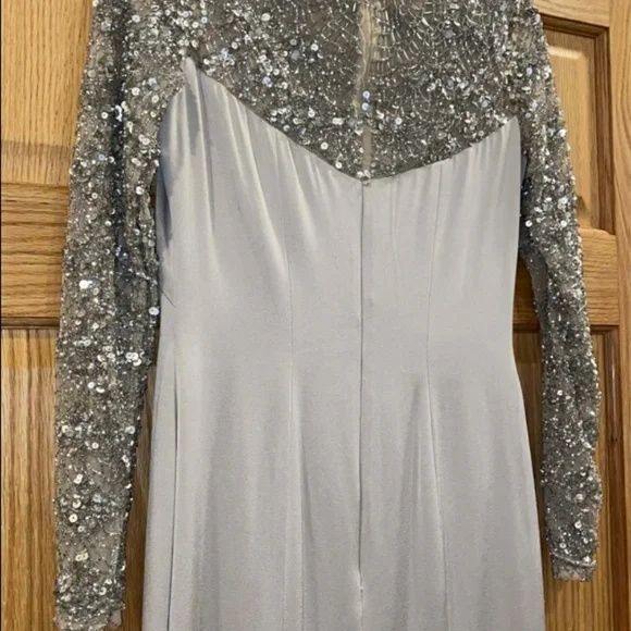 Theia Size 4 Long Sleeve Sequined Silver Floor Length Maxi on Queenly