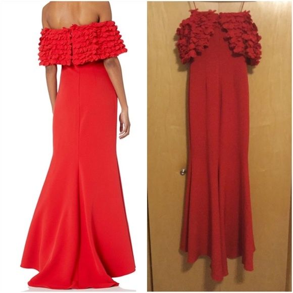 Badgley Mischka Size 0 Prom Off The Shoulder Red Dress With Train on Queenly