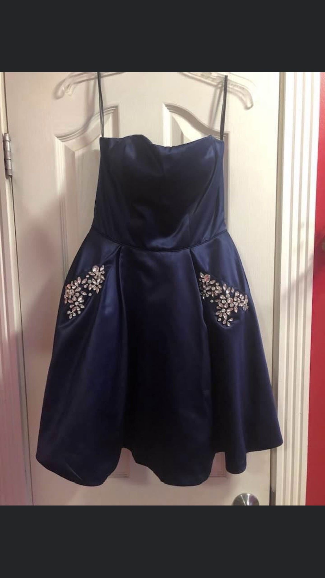 Sherri Hill Size 4 Strapless Navy Blue Cocktail Dress on Queenly