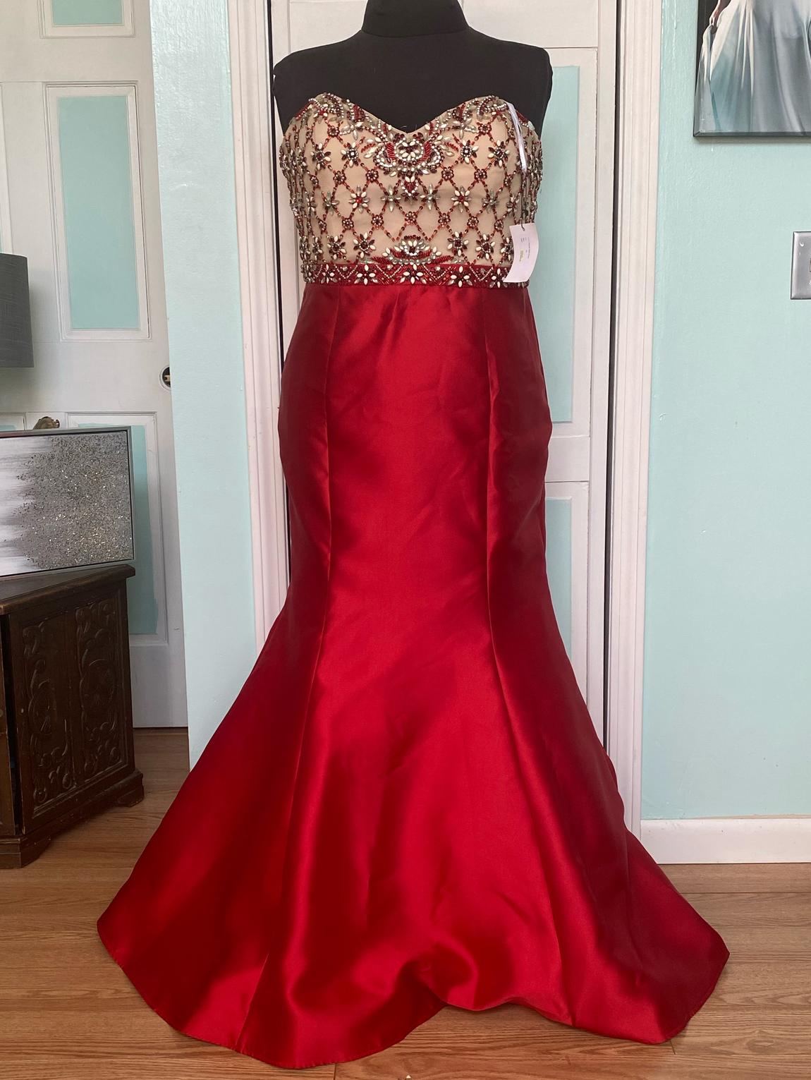 Rachel Allan Plus Size 20 Prom Strapless Satin Red Mermaid Dress on Queenly
