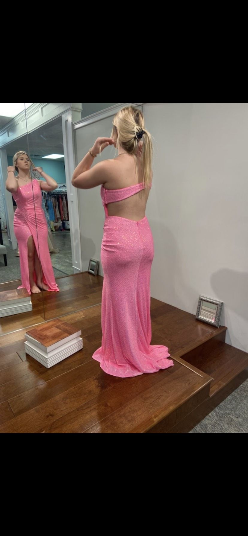 Size 4 Prom One Shoulder Sequined Pink Side Slit Dress on Queenly